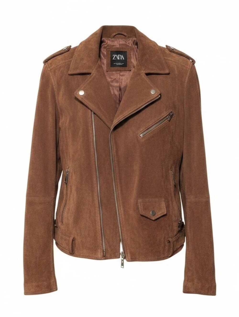 Zara Brown Suede Bomber-Style Moto Jacket Size L Silver Hardware